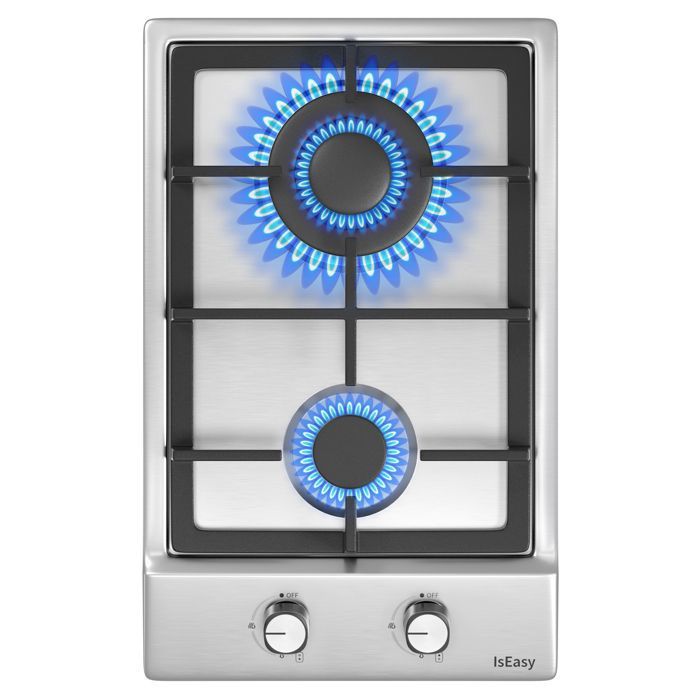 Plaque de Cuisson Gaz - ISEASY - 2 Feux - Inox - Encastrable - Allumage par Impulsion(2 Brûleurs)