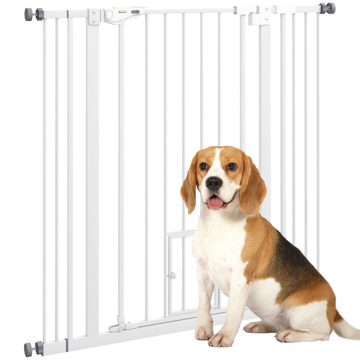 Barrière de sécurité animaux - PawHut - hauteur 104,1 cm - porte fermeture automatique - système de double verrouillage - blanc(Blanc/Largeur : 74 à 101 cm)