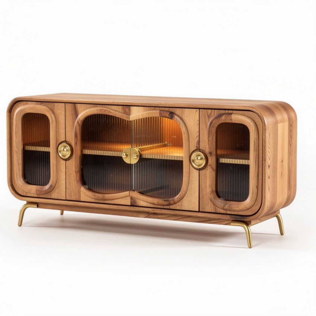 Meuble de rangement en bois de chêne clair avec portes en verre 100 x 40 x 50cm