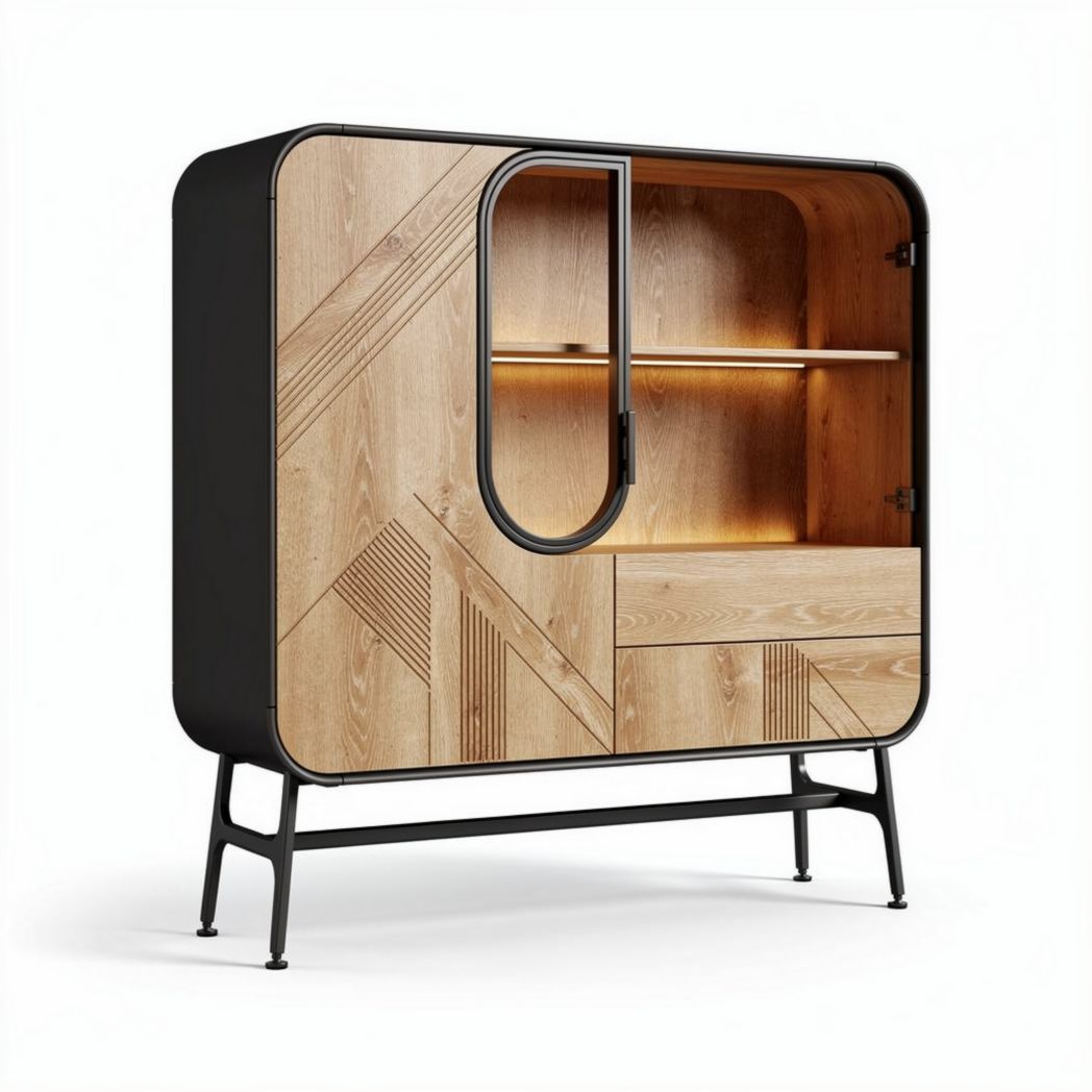 Buffet en bois clair avec structure métallique noir et lumière intégrée 80 x 40 x 100cm