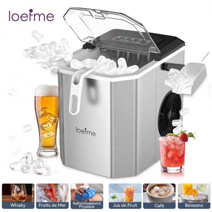 Acier inoxydable Machine à glaçons 12kg/24h, 1.2L, 9 glaçons en 6min, autonettoyante, poignée et support inclus, argentée(Argent)
