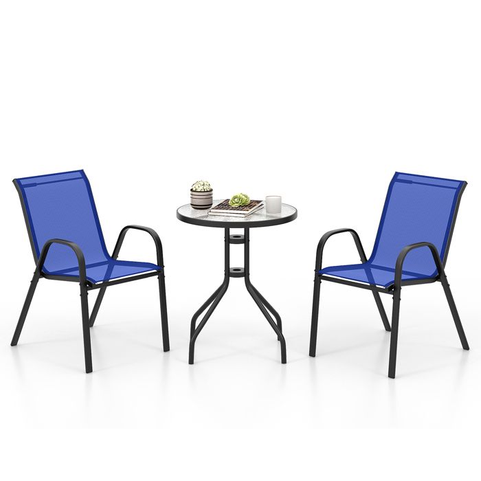 COSTWAY 3 Pièces Ensemble Table Ronde et 2 Chaises Empilables de Jardin Extérieur, Plateau en Verre Trempé, pour Patio Piscine,Bleu(Bleu/Lot de 3)