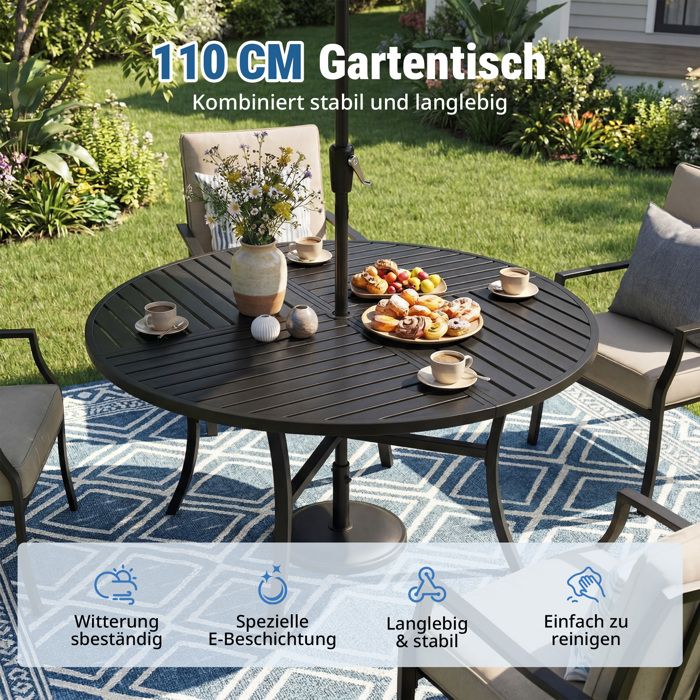 Table de Jardin Ronde Noir  110 cm 2-4 Pers. Acier Inoxydable Antirouille E-Coating Anti-Intempéries(Diamètre : 110 cm)