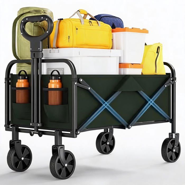 Chariot de Transport Pliable 220L - Extensible, Robuste, poignée réglable, Tissu Oxford - pour Camping Plage Jardin, Vert(Vert)