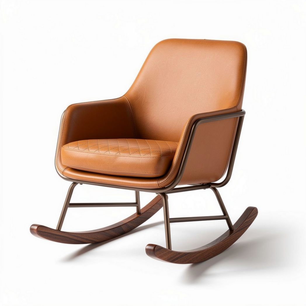 fauteuil à bascule en velours vert avec structure en bois et coussin rembourré