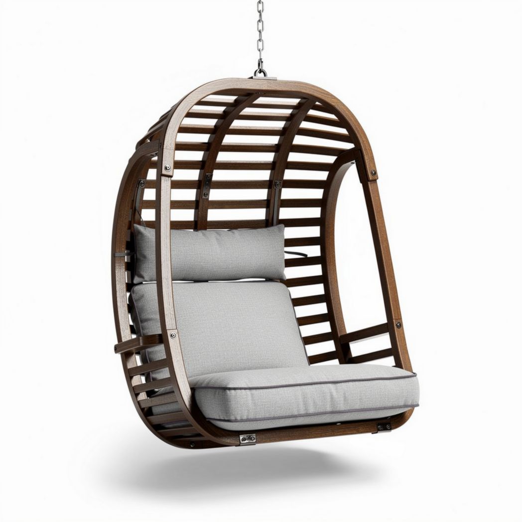 Fauteuil suspendu en bois avec coussins gris 100 x 80 x 120cm pour intérieur et extérieur