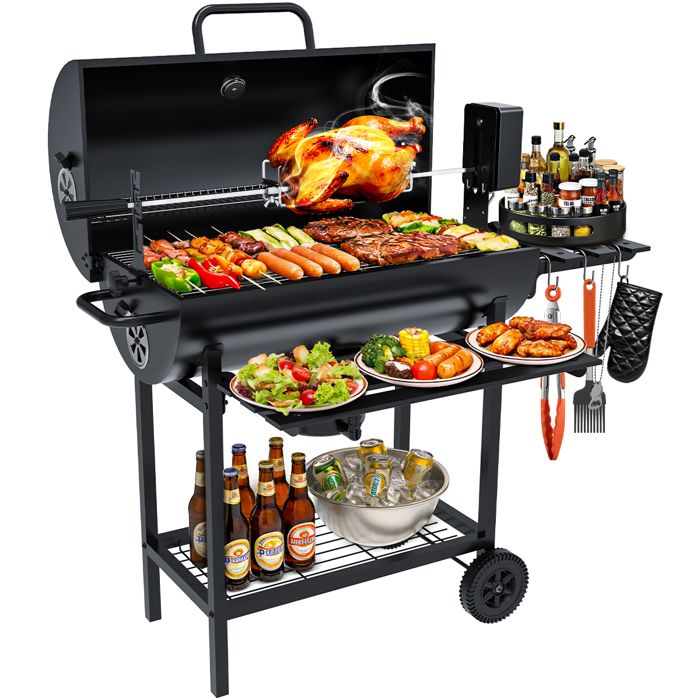 Barbecue Charbon de Bois avec Grille de Cuisson et Réchauffage - Barbecue avec Thermomètre, Broche électrique, 2 Tablettes Pliable(Style 1)
