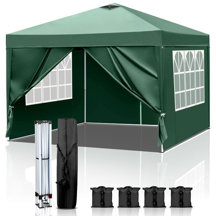 Tonnelle Pliant 3x3 m, Tonnelle de Jardin Imperméable avec 4 côtés, 4xsacs de sable,Pour la randonnée/Camping/Pique-niques, Vert(Bleu)