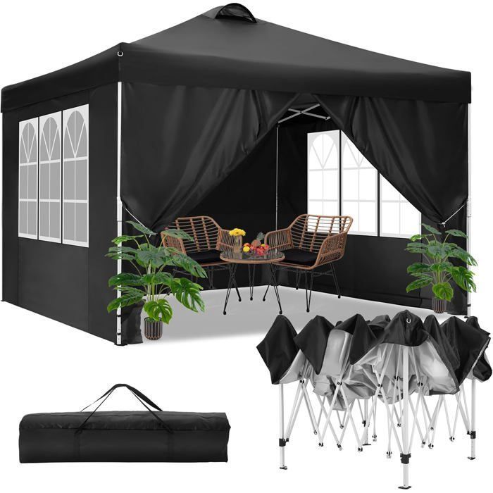 Tonnelle Pliante 3x3 Imperméable, Anti-UV Barnum Pliant de Jardin Exterieur avec 4 Côtés et 4 Sacs, pour Plage, Mariage, Fête, Noir(Blanc)