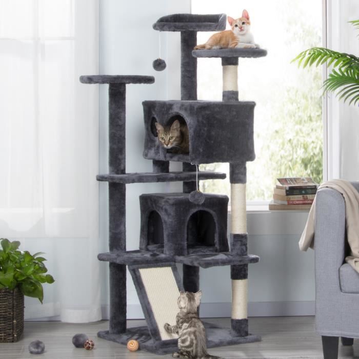 Yaheetech Arbre à Chat Chatons Grattoir Griffoir avec 3 Plateformes/2 Niches/Poteaux en Sisal 49,5 x 49,5 x 137 cm Gris foncé(Gris foncé)