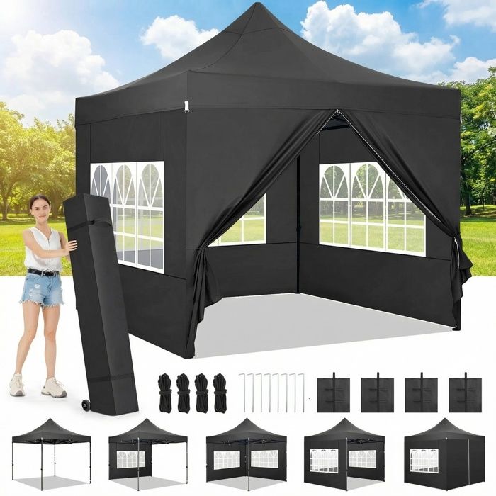 Tonnelle 3x3m Tonnelle Pliante de Jardin imperméable avec 4 côtés - Barnum Pliable Pavillon extérieur - Noir(Blanc/3 x 3 m avec Parois Latérales)