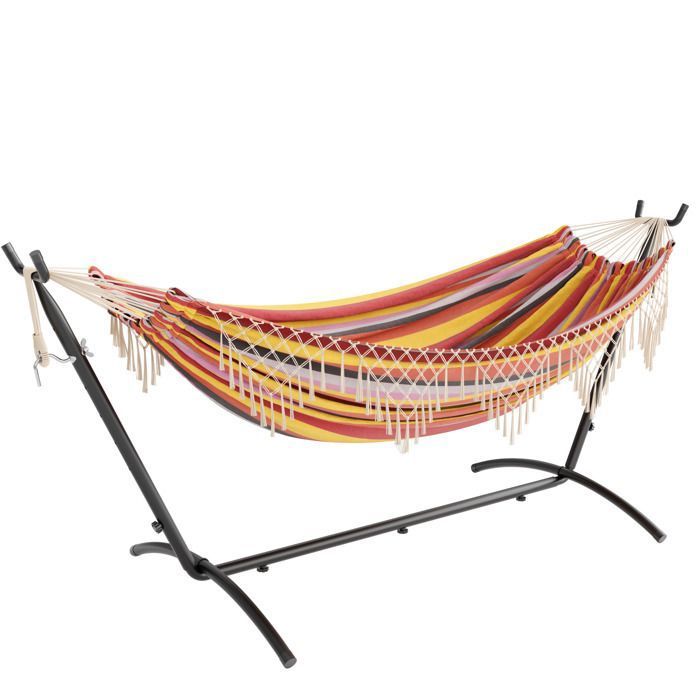 Mondeer Hamac Double Extérieur avec Support sur Pied | Cadre Robuste Réglable + Sac de Transport | Pour Jardin/Camping Durable,Rouge(Frange tressée à 2 torons/Beige)