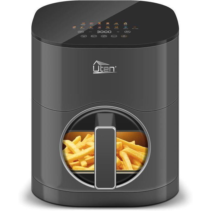 UTEN Air Fryer Sans Huile 5.5L 2000W,Friteuse à Air avec Écran Tactile LED,14 Programmes et Fenêtre Visible,Cuisson Rapide et Saine(Gris noir)