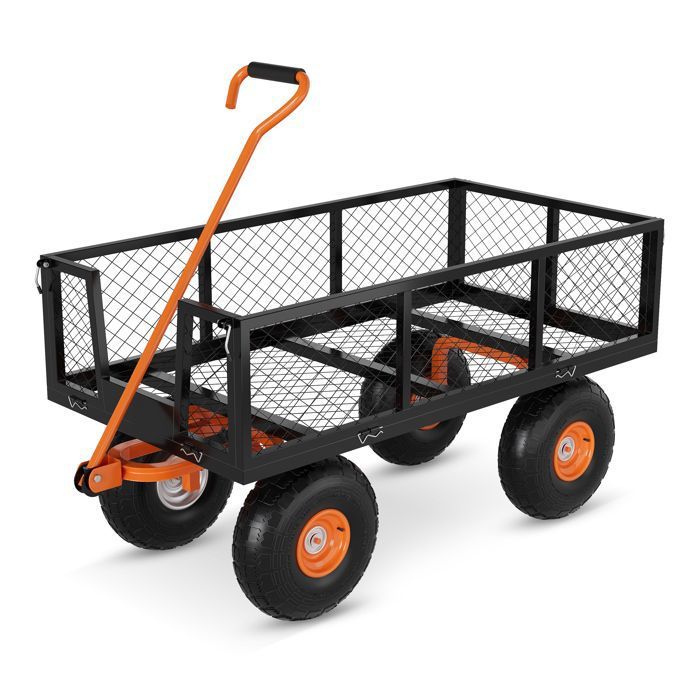 Chariot de Jardin –Capacité 1200 lbs,Roues Tout-Terrain 10,Côtés Amovibles,Poignée Pivotante 180° –Chariot Polyvalent–Vert/Orange(Orange/119 x 79 x 18 cm)