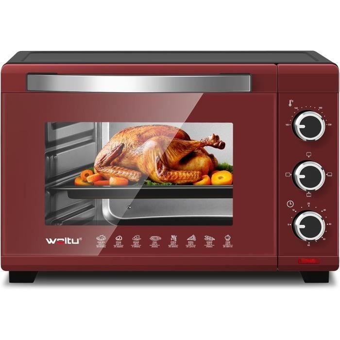 WOLTU Mini Four électrique 28 litres, Mini Four à Pizza à Pain grillé avec minuterie 100-230 ℃ 1600W,Rouge  +Noir(Rouge+Noir)