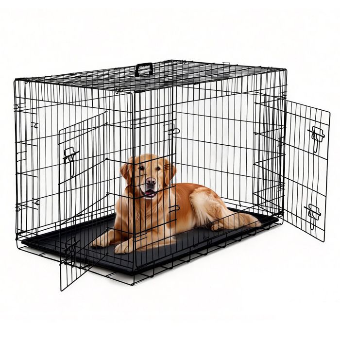 Cage pour Chien 42 “, Double Porte de Sécurité, Séparateur Amovible, Plateau Inclus, Cage Pliable, Voyage avec Chien, Noir(Noir/?122 x 74)