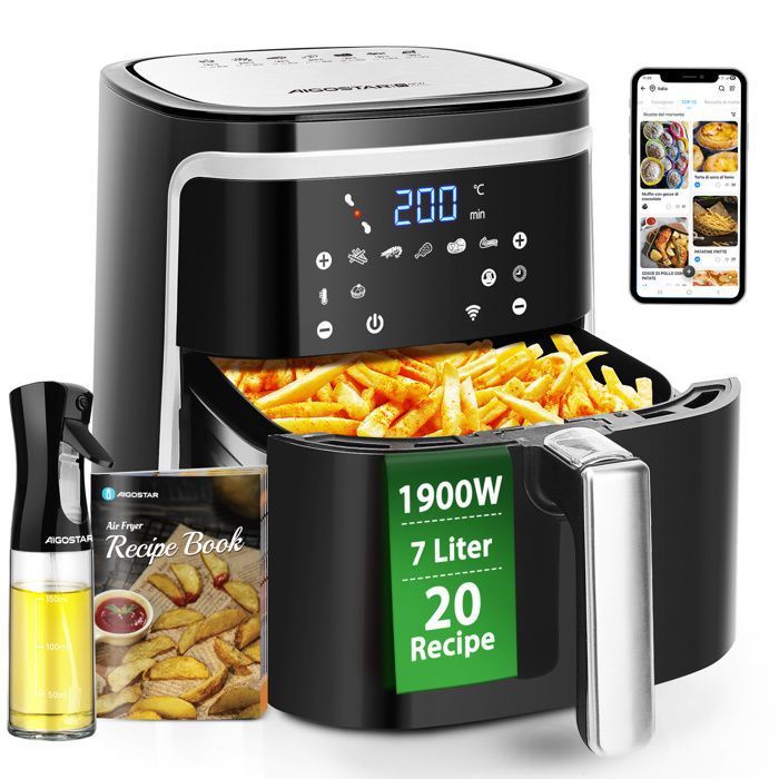Aigostar Friteuse à air sans huile 1900W,7L Grande Capacité| Connexion WiFi Écran Tactile LED 7 Programmes Cuisson Saine Sans BPA(WiFi)