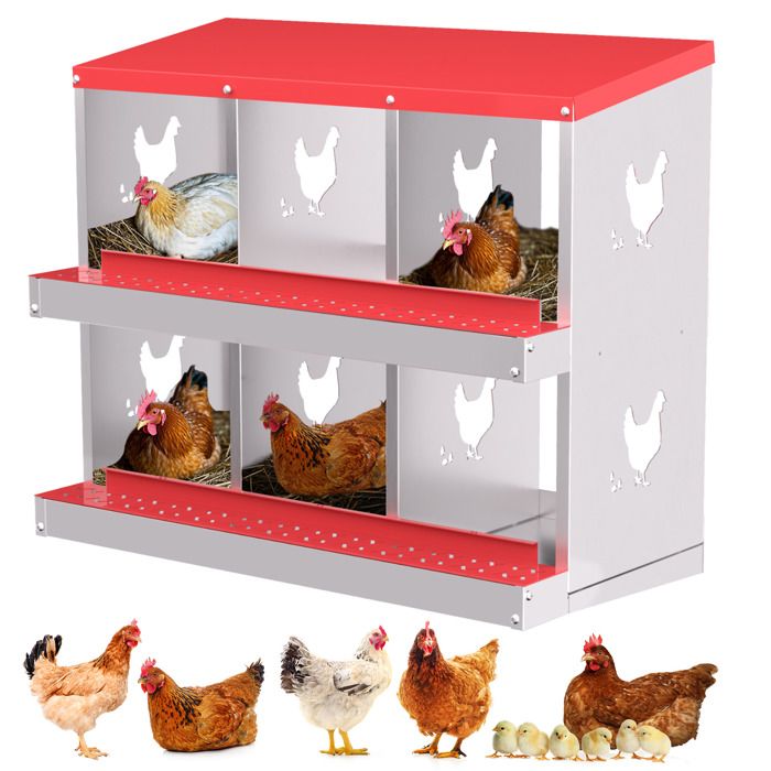 Pondoir Poules Pondeuses 6 Compartiments, Poulailler en Acier Galvanisé, Collecte des Œufs, Couvercle Amovible, Pratique, Rouge(Rouge/2 niveaux/Avec pied)