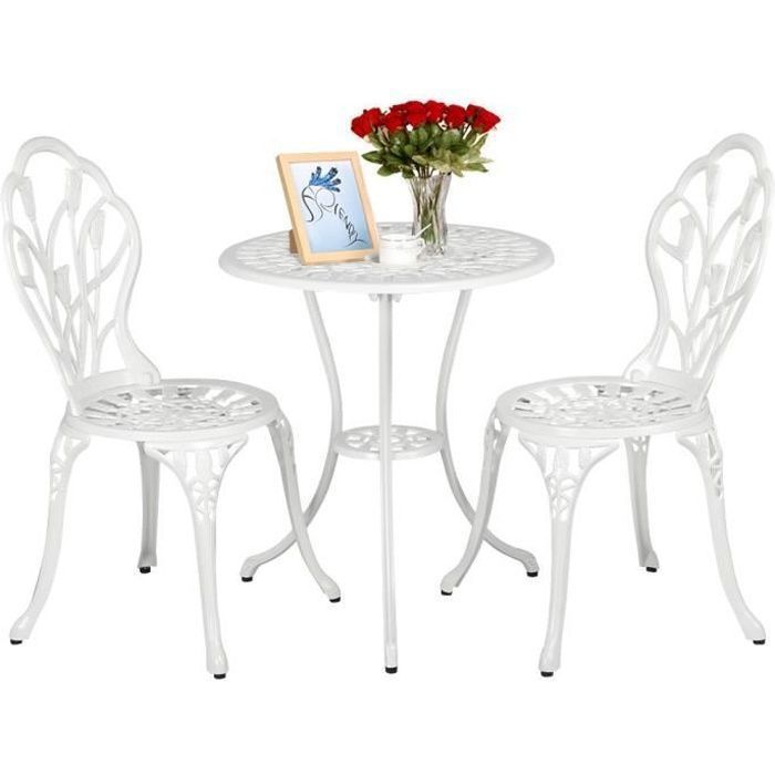 Yaheetech Ensemble Mobilier Salon de Jardin - 2 Chaise 1 Table - en Alliage d'aluminium - avec trou pour parasol -Table basse à café(Blanc)