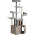 Arbre à Chat 2 en 1+ Enceinte de Litière Cachée - Meuble Chat Multiniveaux, Poteaux à Gratter, Boules Suspendues, Armoire - Gris(Gris et gris)