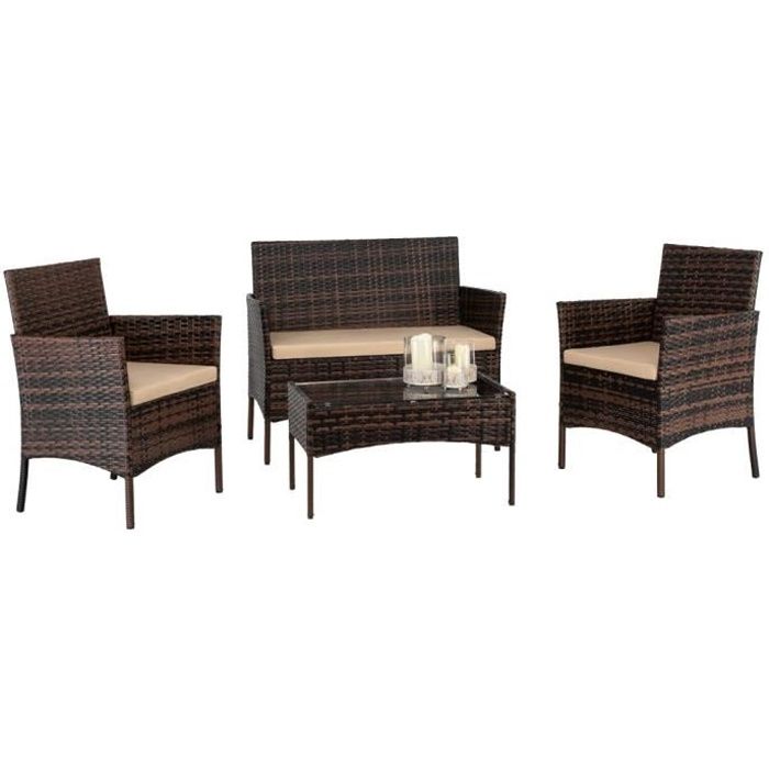 Salon bas de jardin en résine tressée rotin - 4 personnes - Marron(Marron/2 places)