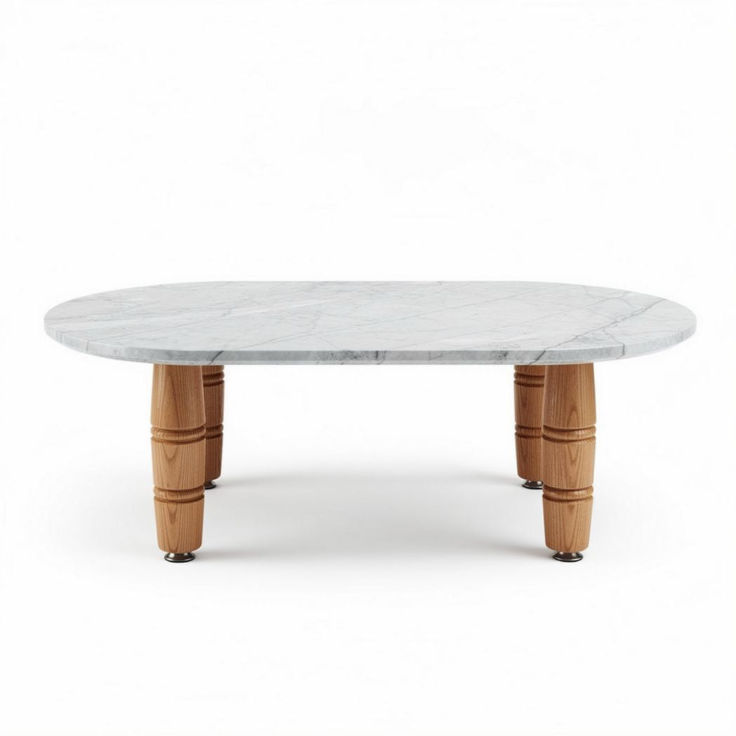 Table basse ronde en terrazzo rose et pieds en bois naturel 80 x 80 x 30cm