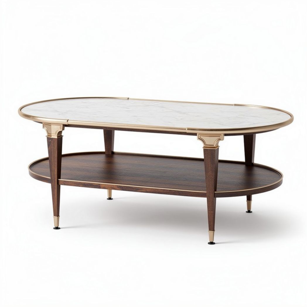 Table basse ovale en marbre blanc et bois, dimensions 120 x 60 x 45cm