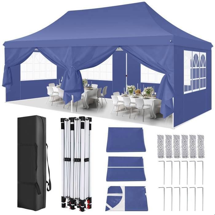Tonnelle Pliante 3x6m étanche Stable, Tonnelle de jardin exterieur Anti-UV, Sac de transport - Bleu(Blanc/3 x 3 m)