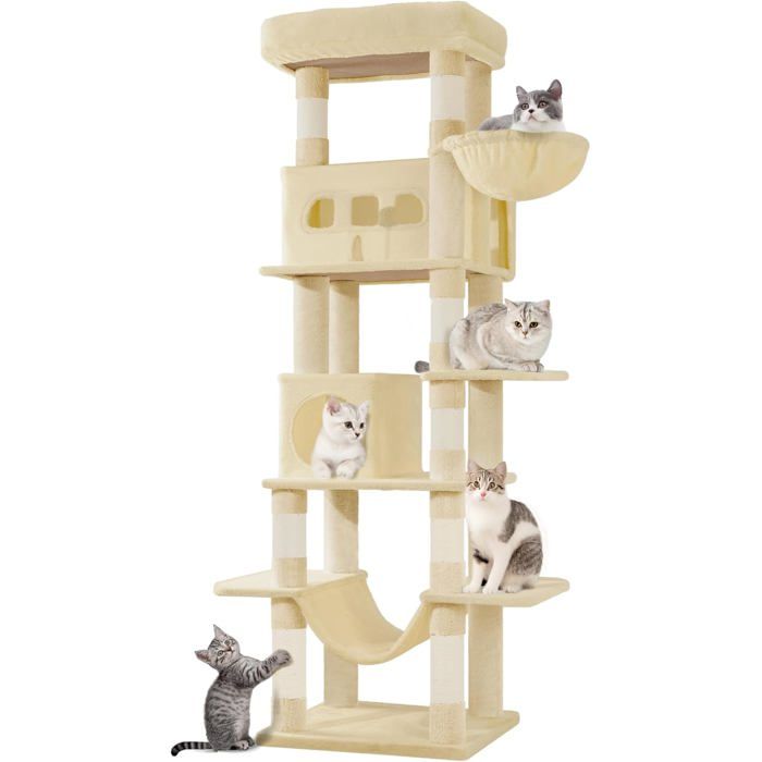 170 cm Grand Arbre à Chat,Tour à Chat d'intérieur, avec Grand Perchoir,Tapis Lavable,2 Niches Chats,8 Griffoirs,Hamac,Pompons,Beige(Beige)