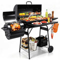 Barbecue Charbon de Bois avec Thermomètre et 2 Tablettes - Barbecue Portable à Deux Chambres de Cuisson avec 2 Roues et 3 Crochets(Style 2)