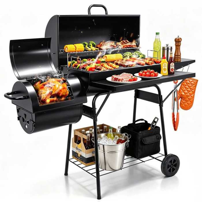 Barbecue Charbon de Bois avec Thermomètre et 2 Tablettes - Barbecue Portable à Deux Chambres de Cuisson avec 2 Roues et 3 Crochets(Style 2)