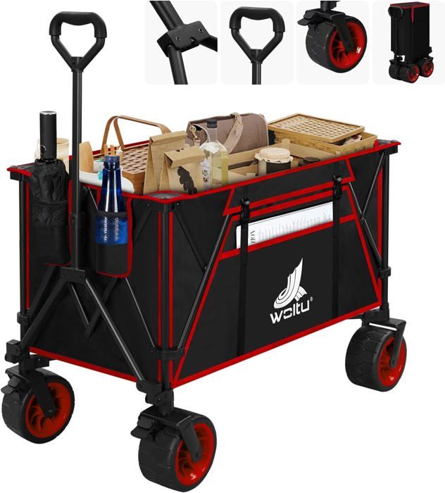 WOLTU Chariot de Jardin Pliable, Roues larges, Chariot pour Camping, Plage, Charge 120kg, Tissu Oxford+Acier, Noir+Rouge W0UETT0103(Noir et rouge)