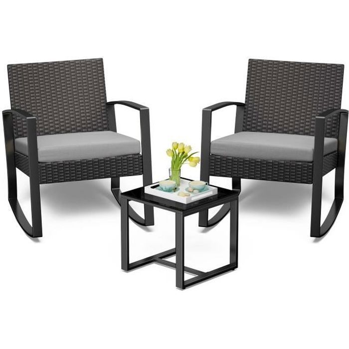 Salon de Jardin - Bealife - Fauteuil Respirant en Métal - Table Basse en Verre Trempé - Meuble de Jardin Extérieur - 2 Places -(Gris)