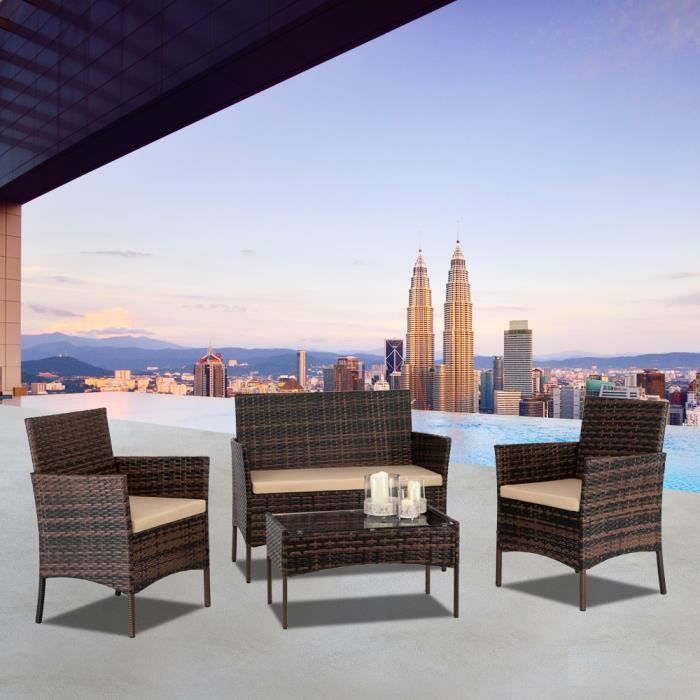 Salon de Jardin en Résine Tressée-Mobilier d'extérieur-Ensemble de 4 pièces-Brown(Marron)