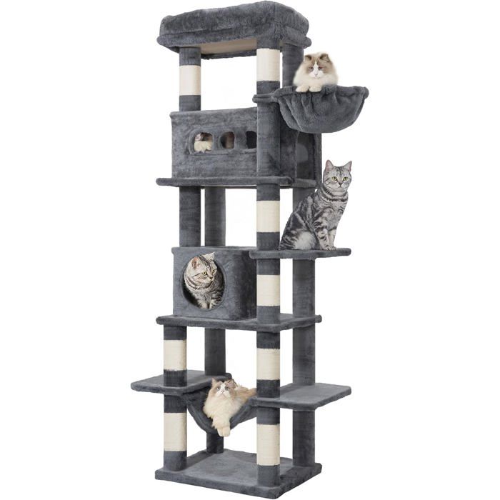 170 cm Grand Arbre à Chat, Tour à Chat pour Chats d'intérieur, avec Grand Perchoir, Tapis Lavable, 2 Niches Chats,  Gris Foncé(Gris foncé)