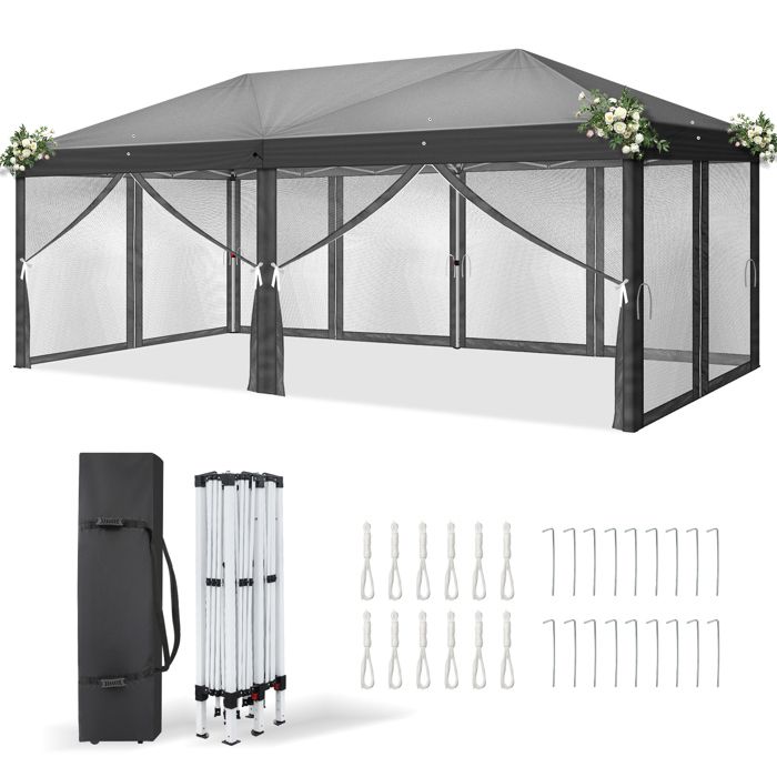 Alightup Tonnelle pliante 3 x 6m Pop Up,Tonnelle de Jardin mit 6 Netzvorhängen,Hauteur Réglable,Imperméable,Protection de UV,Gris(Bleu/3 x 3 m)
