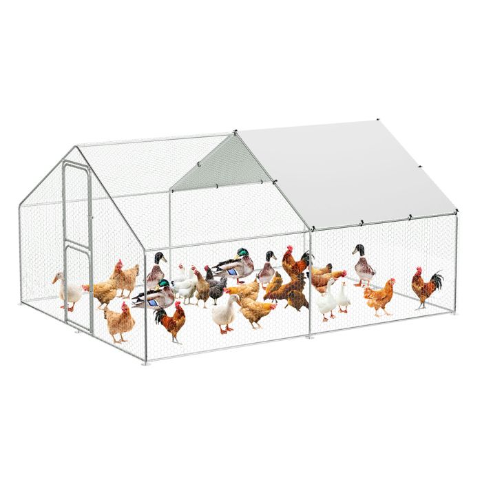 Grand Poulailler Métallique en Acier Galvanisé, Toit Imperméable, Anti-UV, Parc Grillagé Portable, Double porte, 3x4x2m, Argenté(3 x 4 x 2 m/Dessus plat)