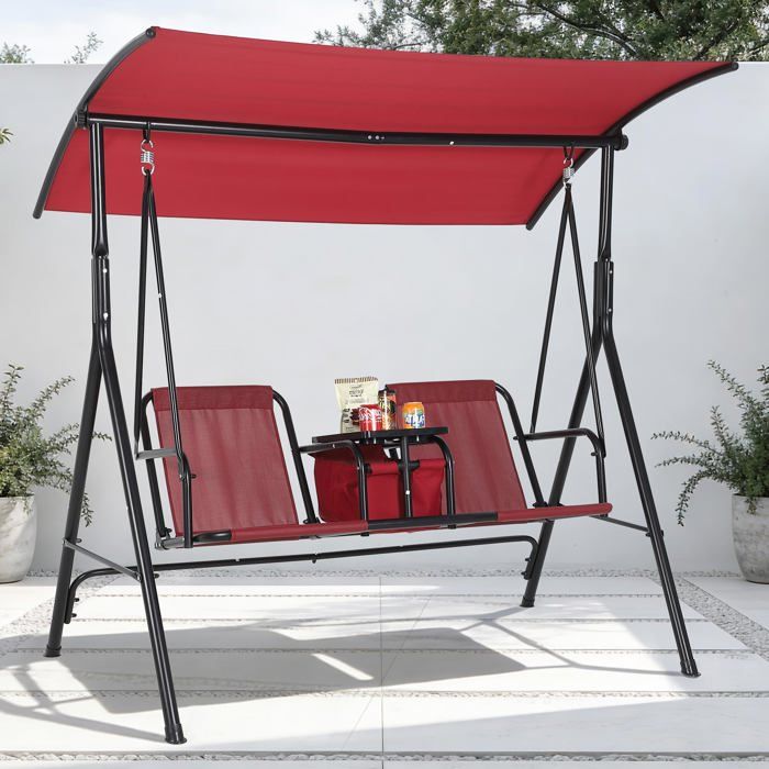 Balancelle 2 places, Toile ajustable, dossier inclinable, tablette pivotante, porte-gobelets et sac isotherme inclus, Rouge(Rouge/120 x 130 x 150 cm)