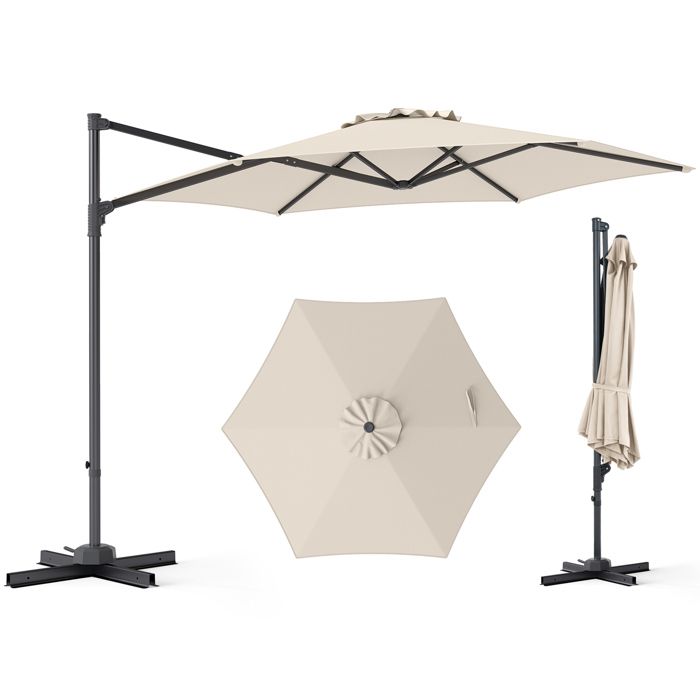 Parasol Déporté Hexagonale 305 cm COSTWAY Base en Croix, Rotation Réglable 360°, Protection UV, Ombrage Parasol de Jardin, Beige(Beige/3 x 2 m (Rectangle)/Avec LED et avec sac de sable)