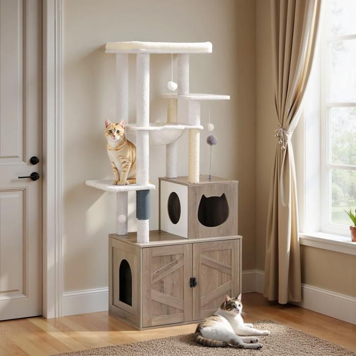 Arbre à Chat avec Maison de Litière pour Chat-HOOBRO-Maison pour Chat en Bois avec Tour à Chat-60 x 45 x 151 cm-Grège(60 x 45 x 151 cm)