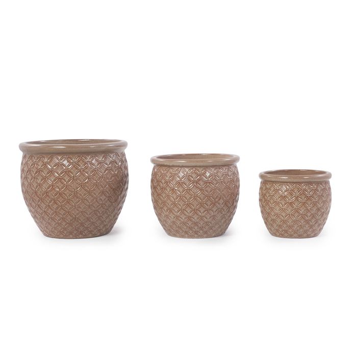 Lot de 3 Pots de Fleur en Céramique - 38,5/30,5/23 cm - Grand Bac à Fleurs avec Trou de Drainage - Vase Design - Beige(23 x 20)