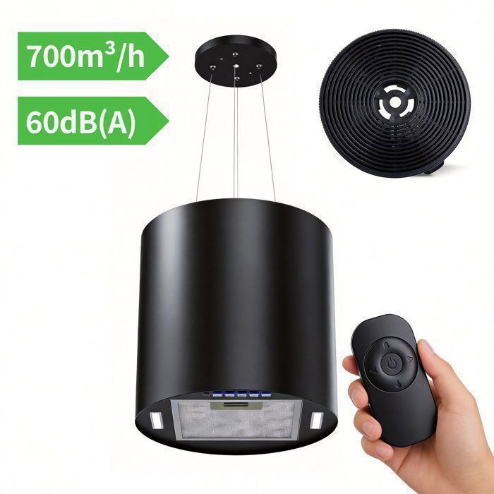 FIREGAS Hotte îlot suspendue 35 cm, 700 m³/h, 3 vitesses, éclairage LED, arrêt différé, 2 filtres à charbon – Noir(Noir)