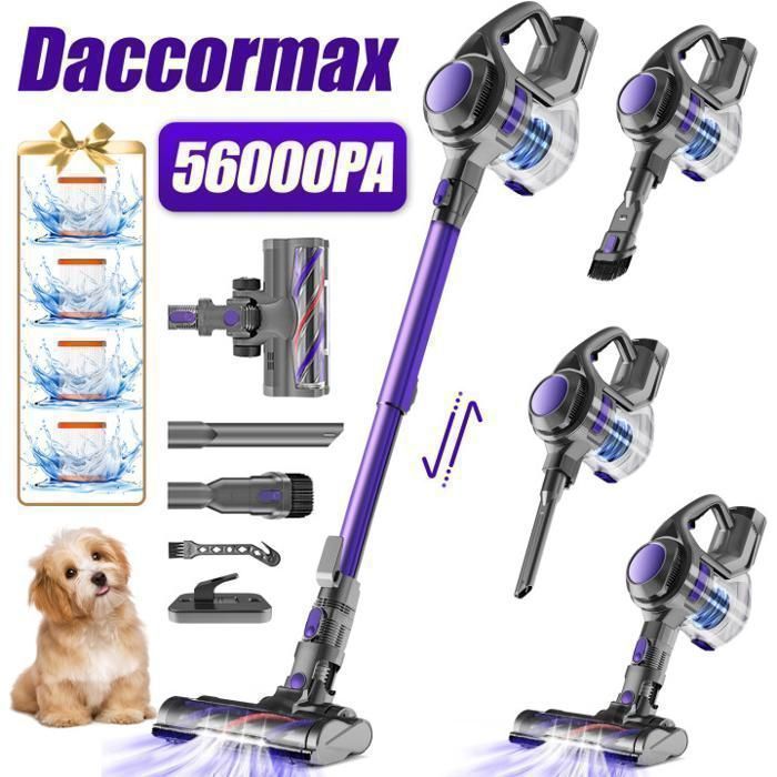 Aspirateur Balai sans Fil Maison avec Animaux-56KPa/55min/1.8L MAX d'Autonomie -Filtration 4 filtres HEPA 8 en 1-Batterie Amovible(Violet)