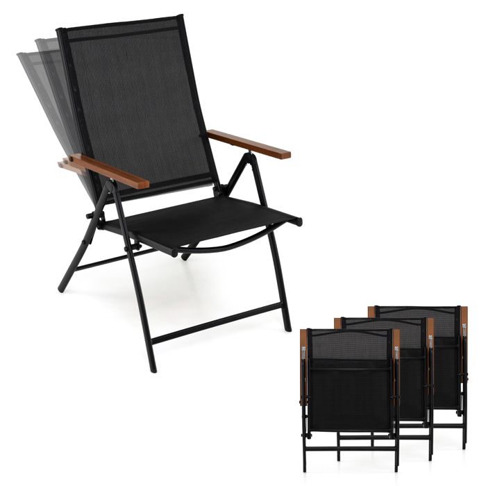 Lot de 4 Chaises Pliantes de Jardin COSTWAY, Dossier Ajustable à 5 Positions, Accoudoirs, Cadre en Métal, Extérieur Intérieur, Noir(Noir/Lot de 2)