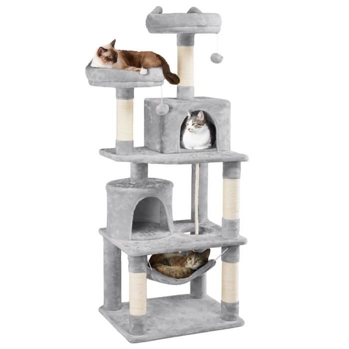 Arbre à Chat - YAHEETECH - 61 x 49,5 x 145 cm - Gris Clair - 2 Niches - 2 Perchoirs - 2 Boules de Peluche(Gris clair)
