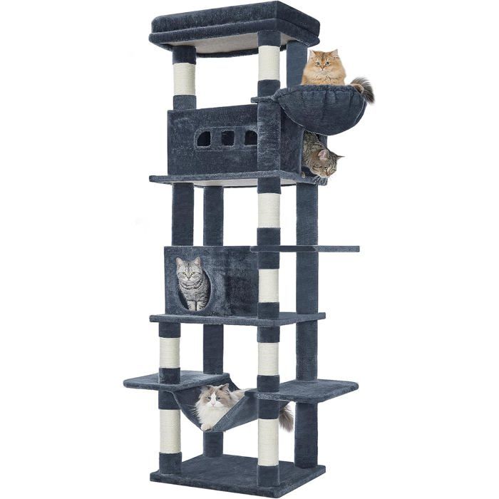 210 cm Grand Arbre à Chat, Tour à Chat pour Chats d'intérieur, avec Grand Perchoir, Tapis Lavable, 2 Niches Chats, Gris Foncé(Gris foncé)