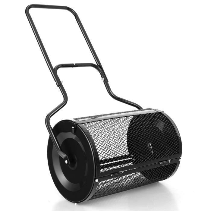 Épandeur à Compost 75L COSTWAY-Rouleau en Treillis Métallique-Poignée en Forme U-Loquets Latéraux-Compost,Fumier,Mousse,Tourbe-Noir(Noir/Capacité : 75 L)