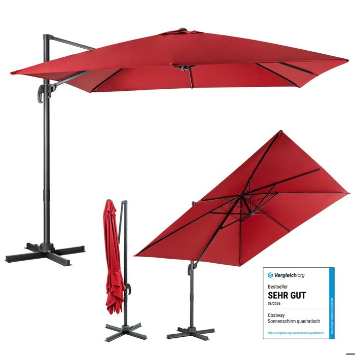 COSTWAY Parasol Déporté Inclinable 3x3M avec Base Croisée Rotation à 360°,Manivelle,8 Baleines,Event pour Jardin,Terrasse Vin-Rouge(Beige/3 x 3 m (Carré)/Avec LED et sans sable)